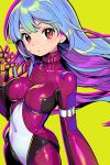  1girl blue_hair bodysuit breasts closed_mouth kula_diamond long_hair looking_at_viewer medium_breasts multicolored_hair purple_bodysuit purple_hair red_eyes shunin simple_background solo the_king_of_fighters two-tone_hair yellow_background zipper 