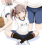  1girl arm_behind_head arms_up bangs basketball black_legwear blue_shorts blush brown_eyes brown_hair closed_mouth commentary_request crossed_ankles eyebrows_visible_through_hair fujisaka_lyric gym_shirt gym_shorts gym_uniform hair_between_eyes hair_ornament hair_scrunchie kneehighs loafers name_tag one_side_up original pink_scrunchie scrunchie shadow shirt shoes short_shorts shorts sitting standing stretch sweat white_background white_footwear white_shirt 
