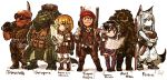  4boys 4girls :3 armor black_eyes black_hair blonde_hair blue_eyes boots bright_pupils camouflage chibi closed_mouth dated eyebrows_visible_through_hair fairy furry goggles green_eyes hand_up holding jitome kotoba_noriaki long_hair looking_at_viewer minigirl multiple_boys multiple_girls orange_hair original pelvic_curtain pickaxe pointy_ears purple_footwear short_hair signature simple_background smile standing thigh-highs thigh_boots vest white_background white_hair white_pupils 