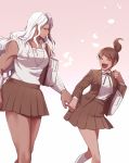  2girls :d alternate_costume asahina_aoi bag bangs black_ribbon blazer blush breasts brown_hair brown_jacket brown_skirt closed_eyes closed_mouth collared_shirt dangan_ronpa dangan_ronpa_1 dark_skin dress_shirt floating_hair gradient gradient_background hair_intakes hair_ornament hairclip holding_hands jacket large_breasts long_hair long_sleeves miniskirt multiple_girls neck_ribbon oogami_sakura open_blazer open_clothes open_jacket open_mouth pink_background pleated_skirt ponytail ribbon sarashi school_bag school_uniform shiny shiny_hair shirt short_hair silver_hair sketti skirt sleeveless sleeveless_shirt smile swept_bangs torn_clothes torn_shirt very_long_hair walking white_background white_shirt wing_collar 