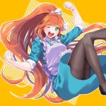  1girl ;d apron arm_up black_footwear black_legwear blue_shirt blue_skirt brown_hair clenched_hands dangan_ronpa dangan_ronpa_3 floating_hair frilled_apron frills green_eyes long_hair medium_skirt one_eye_closed open_mouth orange_background pantyhose pencil_skirt ponytail shiny shiny_hair shirt sketti skirt sleeves_rolled_up smile solo thighband_pantyhose v-shaped_eyebrows very_long_hair white_apron yukizome_chisa 