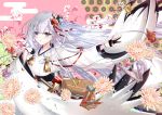  1girl absurdres azur_lane blue_eyes eyebrows_visible_through_hair flower gloves hair_flower hair_ornament highres huge_filesize long_hair mole mole_under_eye nako_nya origami paper_crane partly_fingerless_gloves sheath sheathed shoukaku_(azur_lane) solo very_long_hair white_hair wide_sleeves 