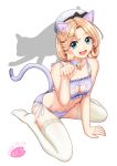  1girl :d animal_ears artist_name bell blonde_hair blue_eyes bra cat_cutout cat_ears cat_tail dated hat janus_(kantai_collection) jingle_bell kantai_collection mokerou open_mouth panties paw_pose purple_bra purple_panties sailor_hat short_hair signature simple_background smile solo tail thigh-highs underwear white_background white_headwear white_legwear 