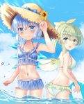  2girls alternate_costume arm_up ass ball beachball bikini bikini_skirt blue_bikini blue_eyes blue_hair blue_sky breasts cirno clouds collarbone commentary cowboy_shot daiyousei day eyebrows_visible_through_hair fairy_wings flower from_side green_bikini green_eyes green_hair hair_between_eyes hair_flower hair_ornament hair_ribbon hand_on_headwear hat holding holding_ball looking_at_viewer medium_breasts midriff multiple_girls navel nibosi ocean open_mouth outdoors ponytail rectangular_eyewear ribbon short_hair sky small_breasts smile straw_hat summer sunburn sunflower_hair_ornament sweat swimsuit touhou upper_teeth wading water_drop wings 