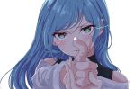 1girl asahi_rokka bang_dream! bangs blue_hair commentary_request finger_gun green_eyes jibliy81 long_hair looking_at_viewer raise_a_suilen shoulder_cutout solo turtleneck upper_body white_background