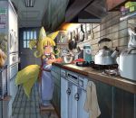  1girl animal_ears apron bangs blonde_hair blunt_bangs contrapposto dishes doitsuken finger_licking fox_child_(doitsuken) fox_ears fox_tail from_side frying_pan indoors kitchen ladle licking looking_at_viewer looking_to_the_side multiple_tails neon_lights original ponytail pot refrigerator short_hair short_sleeves socks solo tail thick_eyebrows two_tails white_apron white_legwear yellow_eyes 