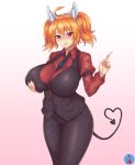  1girl ahoge animal_ear_fluff animal_ears bangs black_neckwear black_pants blonde_hair blush breast_grab breasts cerberus_(helltaker) cerberus_(helltaker)_(cosplay) cerberus_(last_origin) cosplay demon_tail dog_ears eyebrows_visible_through_hair fake_animal_ears grabbing gradient gradient_background grey_background hair_between_eyes heart_tail helltaker highres huge_breasts long_sleeves looking_at_viewer mole mole_under_eye namesake necktei pants ravacon25 red_eyes red_shirt shirt simple_background smile solo tail tongue tongue_out traffic_cone twintails 