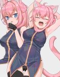  1girl ahoge animal_ears arms_behind_head arms_up black_gloves black_legwear black_panties blue_eyes breasts cat_ears cat_girl cat_tail closed_eyes closed_mouth facing_viewer gloves large_breasts looking_at_viewer medium_hair nyifu open_mouth original panties pink_hair solo tail thigh-highs tongue tongue_out underwear yawning 