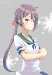  1girl akebono_(kantai_collection) bell commentary_request floral_background flower green_sailor_collar grey_background hair_bell hair_flower hair_ornament highres jingle_bell kantai_collection long_hair looking_at_viewer purple_hair sailor_collar sailor_shirt school_uniform serafuku shirt side_ponytail solo upper_body very_long_hair violet_eyes yomitsuna 