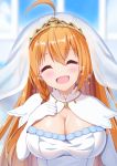  1girl :d ahoge blue_sky blurry blurry_background blush braid bridal_veil closed_eyes commentary_request dress elbow_gloves gloves hand_on_own_chest happy_tears highres long_hair open_mouth orange_hair pecorine princess_connect! princess_connect!_re:dive side_braid sky smile solo syurimp tears tiara upper_body veil very_long_hair wedding_dress white_dress white_gloves window 