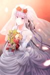  1girl bangs black_ribbon blunt_bangs bouquet braid bridal_veil collarbone dangan_ronpa dangan_ronpa_1 dress elbow_gloves floating_hair flower from_above gloves green_flower hair_flower hair_ornament hair_ribbon head_wreath highres holding holding_bouquet kirigiri_kyouko long_hair orange_flower red_background red_flower red_rose ribbon rose shiny shiny_hair silver_hair single_braid sketti sleeveless sleeveless_dress solo standing strapless strapless_dress veil very_long_hair violet_eyes wedding_dress white_dress white_flower white_gloves white_rose 