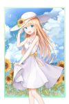  1girl :d absurdres bangs bare_arms bare_shoulders blonde_hair blue_eyes blush bow commentary_request criss-cross_halter day dress ds_a eyebrows_visible_through_hair flower halterneck hat hat_flower highres long_hair looking_at_viewer open_mouth original smile solo standing sun_hat sundress sunflower very_long_hair water_drop white_dress white_headwear yellow_bow yellow_flower 
