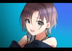  1girl artist_request asakura_tooru bare_shoulders blue_background blue_hair brown_hair close-up commentary_request earrings gradient gradient_background gradient_hair green_eyes highres idolmaster idolmaster_shiny_colors jewelry looking_at_viewer multicolored_hair open_mouth shirt short_hair simple_background sleeveless sleeveless_shirt solo upper_body 