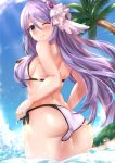  1girl ass bangs beach bikini blue_sky breasts closed_mouth commentary_request eyebrows_visible_through_hair from_behind gem hair_ornament hair_over_one_breast highres long_hair looking_at_viewer medium_breasts ocean one_eye_closed palm_tree princess_connect! princess_connect!_re:dive purple_bikini purple_hair shizuru_(princess_connect!) sideboob sky smile solo swimsuit thighs tree twitter_username violet_eyes water watermark yagiryu 