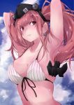  1girl adapted_costume anchor_hair_ornament arms_behind_head atlanta_(kantai_collection) bikini black_headwear blue_sky breasts brown_hair clouds commentary_request earrings garrison_cap grey_eyes hair_ornament hat jewelry kantai_collection large_breasts long_hair looking_to_the_side sky solo star_(symbol) star_earrings striped striped_bikini swimsuit two_side_up upper_body white_bikini yumesato_makura 