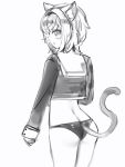  1girl animal_ears ass bad_id bad_twitter_id cat_ears cat_tail closed_mouth from_behind greyscale hairband highres hololive long_sleeves looking_at_viewer looking_back monochrome nanashi_(nlo74593630) nekomata_okayu panties school_uniform serafuku short_hair simple_background smile solo tail underwear white_background 