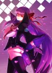  1girl ass bangs bb_(fate)_(all) bb_(fate/extra_ccc) black_coat black_legwear black_skirt breasts coat fate/extra fate/extra_ccc fate_(series) gloves gradient gradient_background grin hair_ribbon high-waist_skirt highres juunishi_aya large_breasts leotard long_hair neck_ribbon open_clothes open_coat popped_collar purple_background purple_hair red_eyes red_ribbon ribbon skirt smile thighs very_long_hair white_gloves white_leotard wide_sleeves 