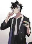  1boy animal_ears black_coat black_hair buttons closed_mouth coat collarbone cup dog_ears glasses gradient gradient_background highres holding holding_cup holostars in_mouth kageyama_shien looking_at_viewer male_focus multicolored_hair namakawa short_hair simple_background solo standing streaked_hair tail upper_body virtual_youtuber white_hair yellow_eyes 