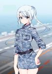  1girl aircraft_carrier anniversary blue_eyes camouflage_print chinese_commentary commentary_request highres military military_uniform military_vehicle miniskirt navy nrst ocean original people&#039;s_liberation_army ponytail real_life ship skirt solo uniform warship watercraft white_hair 