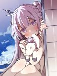  1girl azur_lane bare_shoulders blush colored_eyelashes commentary_request covered_mouth day detached_sleeves hair_bun hand_up highres long_hair long_sleeves looking_at_viewer outdoors pantyhose peeking_out purple_hair side_bun sitting sleeves_past_wrists solo stuffed_alicorn stuffed_animal stuffed_toy tsuka unicorn_(azur_lane) very_long_hair violet_eyes white_legwear white_sleeves 