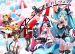  2boys 4girls animal_ears arami_o_8 balloon bangs blonde_hair blue_eyes blue_hair bow bowtie brown_eyes brown_hair circus claw_pose commentary cube diamond_(shape) dress facial_tattoo frilled_dress frills fur-trimmed_jacket fur_trim gloves hair_bow hair_ornament hairclip hat hatsune_miku high_heels holding holding_knife holding_wand holding_whip jacket kagamine_len kagamine_rin kaito kneehighs knife leaning_forward lion_ears lion_tail long_hair looking_at_viewer magical_mirai_(vocaloid) megurine_luka meiko microphone microphone_wand mini_hat mini_top_hat mismatched_legwear multiple_boys multiple_girls neck_ruff open_mouth outstretched_arms pantyhose pink_bow pink_hair pleated_skirt short_hair skirt skirt_hold smile spiky_hair standing string_of_flags striped striped_legwear swept_bangs symbol_commentary tail tattoo tent thigh-highs top_hat twintails very_long_hair vest vocaloid wand whip white_bow white_gloves white_skirt yellow_vest zettai_ryouiki 