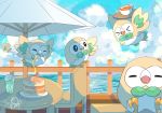  &gt;_&lt; bird closed_eyes clouds commentary_request cup day drinking_straw drooling fence flying food gen_7_pokemon holding_jug jug mouth_hold no_humans open_mouth outdoors owl pancake pokemon pokemon_(creature) rowlet saliva signature sky sorubetto starter_pokemon teacup tongue 