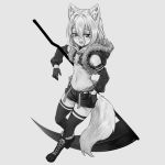  1girl animal_ears blush boots breasts cropped_jacket cross-laced_footwear detached_sleeves dog_ears dog_girl dog_tail eyebrows_visible_through_hair fang fur-trimmed_jacket fur_trim gloves greyscale hair_between_eyes holding holding_scythe holding_weapon jacket lace-up_boots looking_at_viewer medium_hair monochrome nyifu open_mouth original scythe small_breasts smile solo tail thigh-highs under_boob weapon 