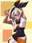  1girl arms_up black_bodysuit black_hairband blue_eyes bob-the-bison bodysuit bodysuit_under_clothes closed_mouth collared_shirt commentary covered_navel eyebrows_visible_through_hair gloves grey_hair gym_leader hair_between_eyes hairband highres pokemon pokemon_(game) pokemon_swsh print_shirt print_shorts saitou_(pokemon) shiny shiny_hair shirt short_hair short_sleeves shorts single_glove solo stretch tied_shirt 