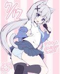  1girl :d animal_ear_fluff animal_ears ass bangs black_footwear black_legwear blue_eyes blue_jacket blue_neckwear blue_panties blue_skirt blush cat_ears cat_girl cat_tail collared_shirt commentary_request eyebrows_visible_through_hair fang grey_hair hair_between_eyes hair_ornament highres holding holding_microphone jacket kneehighs long_hair long_sleeves low_twintails microphone off_shoulder open_clothes open_jacket open_mouth original panties pleated_skirt sakuraba_hikaru_(loveindog) shirt shoe_soles shoes sidelocks signature single_kneehigh single_thighhigh skirt smile solo standing standing_on_one_leg striped striped_background tail thigh-highs translation_request twintails underwear vertical_stripes very_long_hair white_shirt x_hair_ornament 