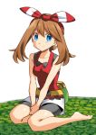  1girl absurdres bangs barefoot bike_shorts black_shorts blue_eyes bow breasts brown_hair closed_mouth collarbone eyebrows_visible_through_hair hair_between_eyes hair_ribbon hairband haruka_(pokemon) highres long_hair looking_at_viewer medium_breasts pokemon pokemon_(game) pokemon_oras red_hairband red_ribbon red_shirt ribbon shiny shiny_hair shirt short_shorts shorts shorts_under_shorts simple_background sitting sleeveless sleeveless_shirt smile soles solo striped striped_ribbon white_background white_shorts yuihiko 