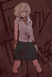  1girl bare_shoulders blonde_hair blood blood_on_face blood_splatter bloody_clothes bloody_weapon blue_eyes boots brown_footwear green_skirt hair_over_one_eye heather_mason highres holding holding_weapon jacket kawayabug knee_boots lead_pipe orange_shirt pocket shirt short_hair silent_hill_3 skirt sleeveless sleeveless_jacket sleeveless_turtleneck solo standing turtleneck watch watch weapon white_jacket wristband zipper 