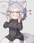  1girl :3 :q ^_^ ahoge alternate_costume animal_ear_fluff animal_ears bangs black_sweater cake closed_eyes closed_mouth dog_(mixed_breed)_(kemono_friends) dog_ears dog_girl dog_tail eyebrows_visible_through_hair food food_on_face grey_background grey_hair hands_up heart kemono_friends long_sleeves multicolored_hair nyifu pantyhose ribbed_sweater short_hair simple_background solo sweater tail thought_bubble tongue tongue_out turtleneck turtleneck_sweater two-tone_hair white_hair white_legwear 