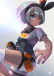  1girl black_bodysuit black_hairband bodysuit bodysuit_under_clothes breasts closed_mouth collared_shirt commentary_request covered_navel dynamax_band fingernails gloves grey_hair gym_leader hair_between_eyes hairband holding holding_poke_ball knee_pads leg_up looking_to_the_side poke_ball pokemon pokemon_(game) pokemon_swsh print_shirt print_shorts rokuo016 saitou_(pokemon) shiny shiny_hair shirt short_hair short_sleeves shorts single_glove solo tied_shirt ultra_ball 