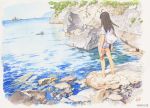  1girl bare_legs black_hair facing_away from_behind open_clothes open_shirt original outdoors rock sandals sandals_removed scenery shore short_sleeves shorts solo tanaka_kunihiko traditional_media water watercolor_(medium) white_shorts 