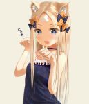  1girl :d abigail_williams_(fate/grand_order) alternate_costume animal_ear_fluff animal_ears bangs bare_arms bare_shoulders black_bow black_choker black_dress blonde_hair blue_eyes blush bow breasts cat_ears choker commentary_request crossed_bandaids dress eyebrows_visible_through_hair eyes_visible_through_hair fate/grand_order fate_(series) frilled_dress frills grey_background hair_bow hands_up kemonomimi_mode long_hair open_mouth orange_bow parted_bangs paw_pose polka_dot polka_dot_bow sakazakinchan simple_background sleeveless sleeveless_dress small_breasts smile solo translation_request very_long_hair 