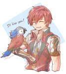  1boy adol_christin animal_on_arm bangs bird bird_on_arm brown_gloves closed_eyes english_text eyebrows_visible_through_hair gloves hair_between_eyes little_paro male_focus mishiro_(andante) open_mouth parrot redhead shiny shiny_hair short_sleeves simple_background solo sweatdrop twitter_username wavy_mouth white_background ys ys_viii_lacrimosa_of_dana 