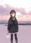  1girl absurdres bangs black_legwear blunt_bangs bow bowtie braid brown_eyes brown_hair capelet clouds cloudy_sky coat flower hair_over_shoulder highres holding holding_flower kishida_mel long_hair long_sleeves looking_at_viewer low_twintails mountainous_horizon neck_ribbon original outdoors ribbon sky snow solo thigh-highs twin_braids twintails zettai_ryouiki 