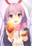  1girl :d absurdres animal_ears bangs black_cardigan blurry blurry_background blush breasts breasts_apart cardigan diving_penguin eyebrows_visible_through_hair food hair_between_eyes highres holding holding_food large_breasts long_hair long_sleeves looking_at_viewer open_cardigan open_clothes open_mouth pink_eyes pink_scarf purple_hair rabbit_ears reisen_udongein_inaba scarf shiny shiny_hair smile solo straight_hair sweater touhou upper_body very_long_hair white_sweater 