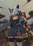  1girl arknights axe bandaid bandaid_on_nose bike_shorts black_gloves brown_hair firefighter gloves headgear helmet highres looking_at_viewer name_tag red_eyes shaw_(arknights) short_hair shorts sima_naoteng tail 