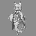  1girl animal_ears blush breasts detached_sleeves eyebrows_visible_through_hair fang fox_ears fox_girl fox_tail full_body greyscale japanese_clothes looking_at_viewer medium_breasts miko monochrome nyifu open_mouth original short_hair smile solo tail 