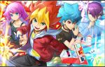  1girl 3boys belt black_choker black_pants black_shirt blonde_hair blue_eyes blue_gloves blue_jacket bracelet card choker duel_disk fingerless_gloves gloves green_eyes hair_between_eyes hair_ornament hair_over_one_eye hairclip hand_on_hip jacket jewelry kamijou_tatsuhisa kirishima_romin long_sleeves multicolored_hair multiple_boys orange_hair oudou_yuga pants pink_hair pocket purple_hair red_eyes red_jacket shirt sinzitu sougetsu_gakuto spiky_hair standing t-shirt two-tone_hair yu-gi-oh! yu-gi-oh!_sevens 