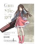  1girl angelica_(gunslinger_girl) blue_jacket boots brown_hair copyright_name crossover dress english_text girls_frontline green_eyes gunslinger_girl hair_ribbon highres jacket long_hair long_sleeves official_art pink_dress pink_footwear ribbon solo 