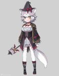  1girl alternate_costume animal_ears black_capelet black_footwear black_headwear blue_eyes boots bow capelet collar dog_(mixed_breed)_(kemono_friends) dog_ears dog_tail dress eyebrows_visible_through_hair frilled_dress frilled_sleeves frills full_body grey_hair hat hat_bow heterochromia kemono_friends long_sleeves multicolored_hair neck_ribbon nyifu red_collar ribbon short_hair solo tail thigh-highs wand white_dress white_hair white_legwear witch_costume witch_hat yellow_eyes zettai_ryouiki 