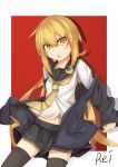  artist_name black_legwear black_skirt blonde_hair crescent crescent_moon_pin etsuransha_no_rei highres jacket kantai_collection long_hair navel necktie open_mouth satsuki_(kantai_collection) school_uniform serafuku shirt skirt thigh-highs twintails white_shirt yellow_eyes zettai_ryouiki 