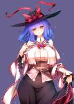  1girl absurdres ascot bangs black_skirt bow capelet cowboy_shot curvy eyebrows_visible_through_hair eyelashes hat hat_bow hat_ribbon high_collar highres hip_focus lifted_by_self long_skirt looking_at_viewer medium_hair nagae_iku narrow_waist raptor7 red_eyes red_neckwear red_ribbon ribbon shawl skirt skirt_lift solo touhou violet_eyes wavy_hair white_capelet wide_hips 