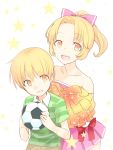  1boy 1girl anima_yell! ball blonde_hair bow brother_and_sister cheerleader hair_bow holding_pom_poms looking_at_viewer polo_shirt pom_poms ponytail sawatari_akane sawatari_uki shirt siblings simple_background sio_(kurara) soccer_ball star_(symbol) striped striped_shirt telstar white_background yellow_eyes 