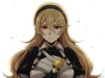  1girl bangs black_hairband blonde_hair closed_mouth corrin_(fire_emblem) corrin_(fire_emblem)_(female) eyebrows_visible_through_hair fire_emblem fire_emblem_fates frown hair_between_eyes hairband long_hair looking_at_viewer pointy_ears red_eyes shiny shiny_hair signature simple_background solo upper_body very_long_hair white_background yori_(a_a_yori) 