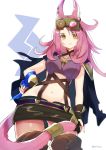  1girl animal_ears bare_shoulders boots breasts cape duel_monster eyewear_on_head fingerless_gloves gloves highres long_hair midriff miniskirt navel pink_hair skirt solo tail thigh-highs thigh_boots thousa_01 tribrigade_felidgette_the_fruitless_flower yellow_eyes yuu-gi-ou 