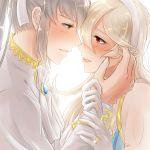  1boy 1girl bangs blush brown_eyes corrin_(fire_emblem) corrin_(fire_emblem)_(female) couple eye_contact fire_emblem fire_emblem_fates gloves hair_between_eyes hair_ribbon hairband hand_on_another&#039;s_cheek hand_on_another&#039;s_face hetero imminent_kiss jewelry long_hair looking_at_another parted_lips pointy_ears ponytail profile red_eyes ribbon ring see-through shiny shiny_hair silver_hair simple_background takumi_(fire_emblem) wedding_ring white_background white_gloves white_hairband white_ribbon yori_(a_a_yori) 