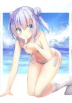  1girl all_fours bangs bare_arms bare_shoulders bikini blue_eyes blue_hair blush breasts commentary_request day double_bun eyebrows_visible_through_hair food front-tie_bikini front-tie_top gochuumon_wa_usagi_desu_ka? hair_between_eyes hair_ornament highres holding holding_food ice_cream kafuu_chino kneehighs looking_at_viewer na!?_(naxtuyasai) navel no_shoes side-tie_bikini sidelocks small_breasts solo striped striped_bikini swimsuit twintails white_legwear x_hair_ornament 